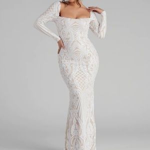windsor, long sleeve, white, nude, sequin, prom dress